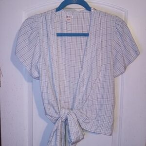 Billabong Light Blue Plaid Tie-Front Blouse Size Small